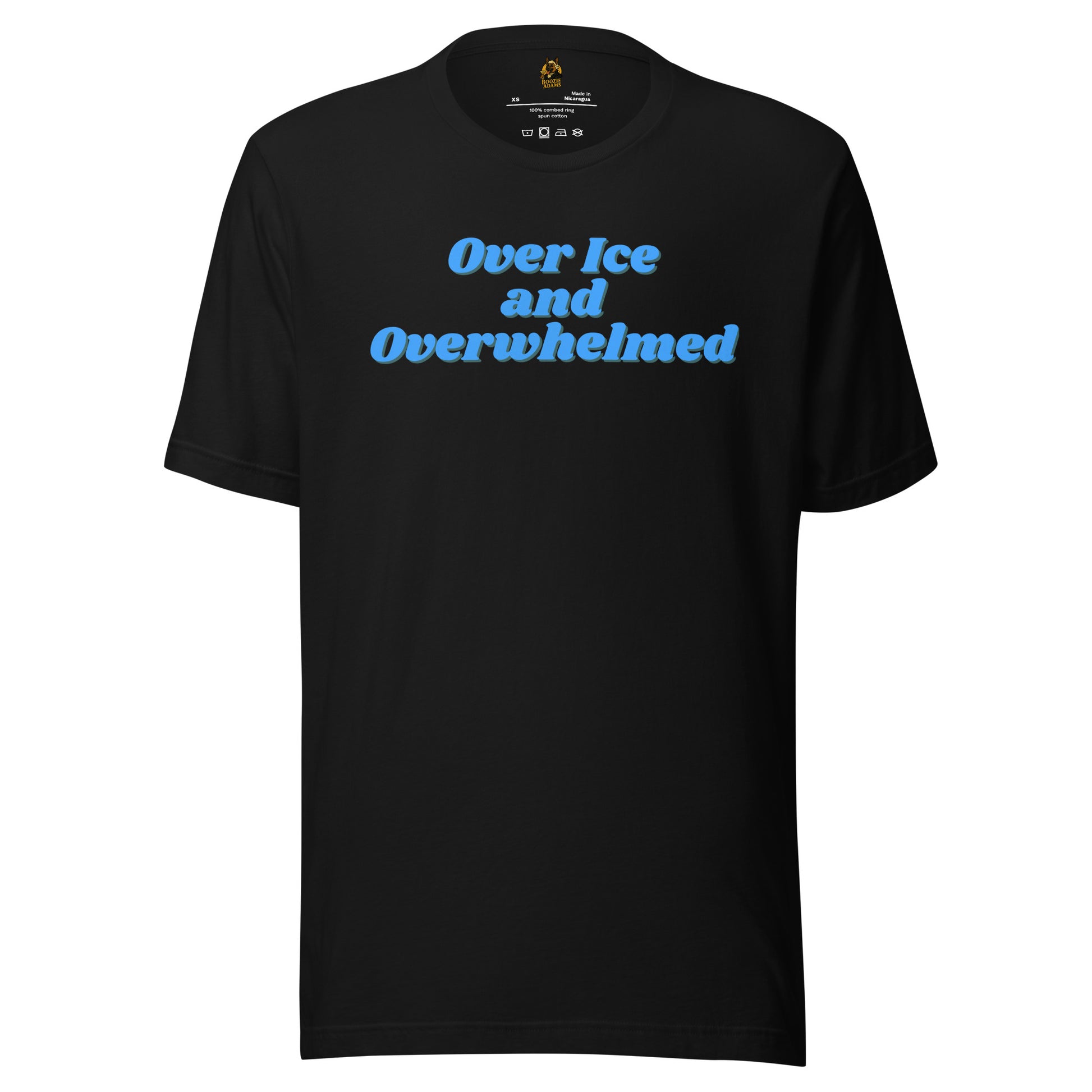 Black unisex t-shirt with blue text 'Over Ice and Overwhelmed' – Boozie Adams