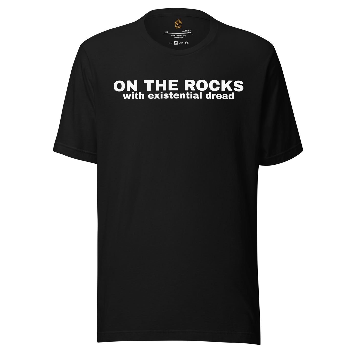 Black unisex t-shirt with 'ON THE ROCKS with existential dread' text – Boozie Adams