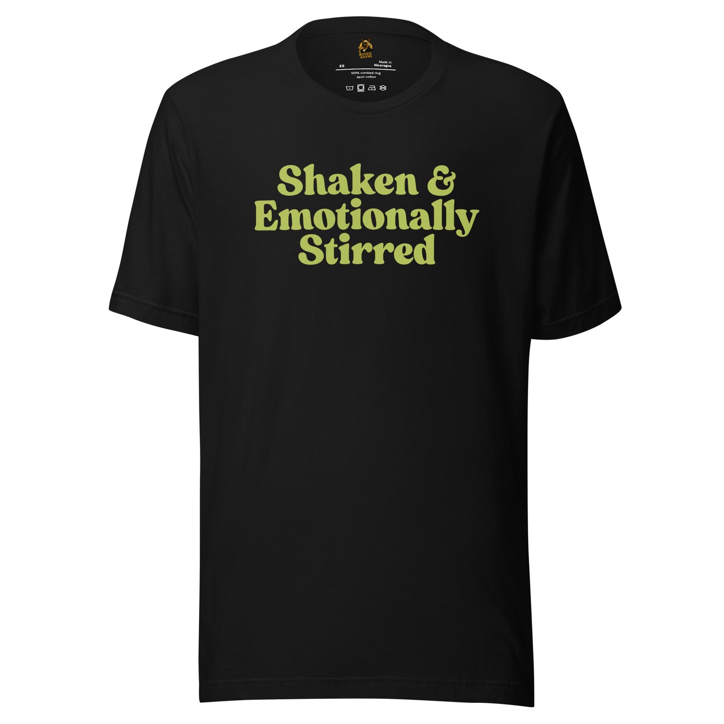 Black unisex t-shirt with green  text 'Shaken & Emotionally Stirred' – Boozie Adams