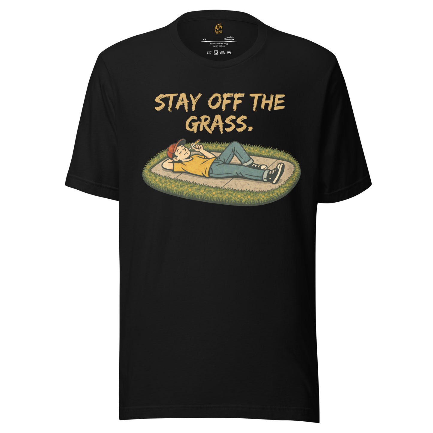 Black unisex t-shirt with graphic of person lying on sidewalk smoking a joint and text 'Stay off the grass' – Boozie Adams