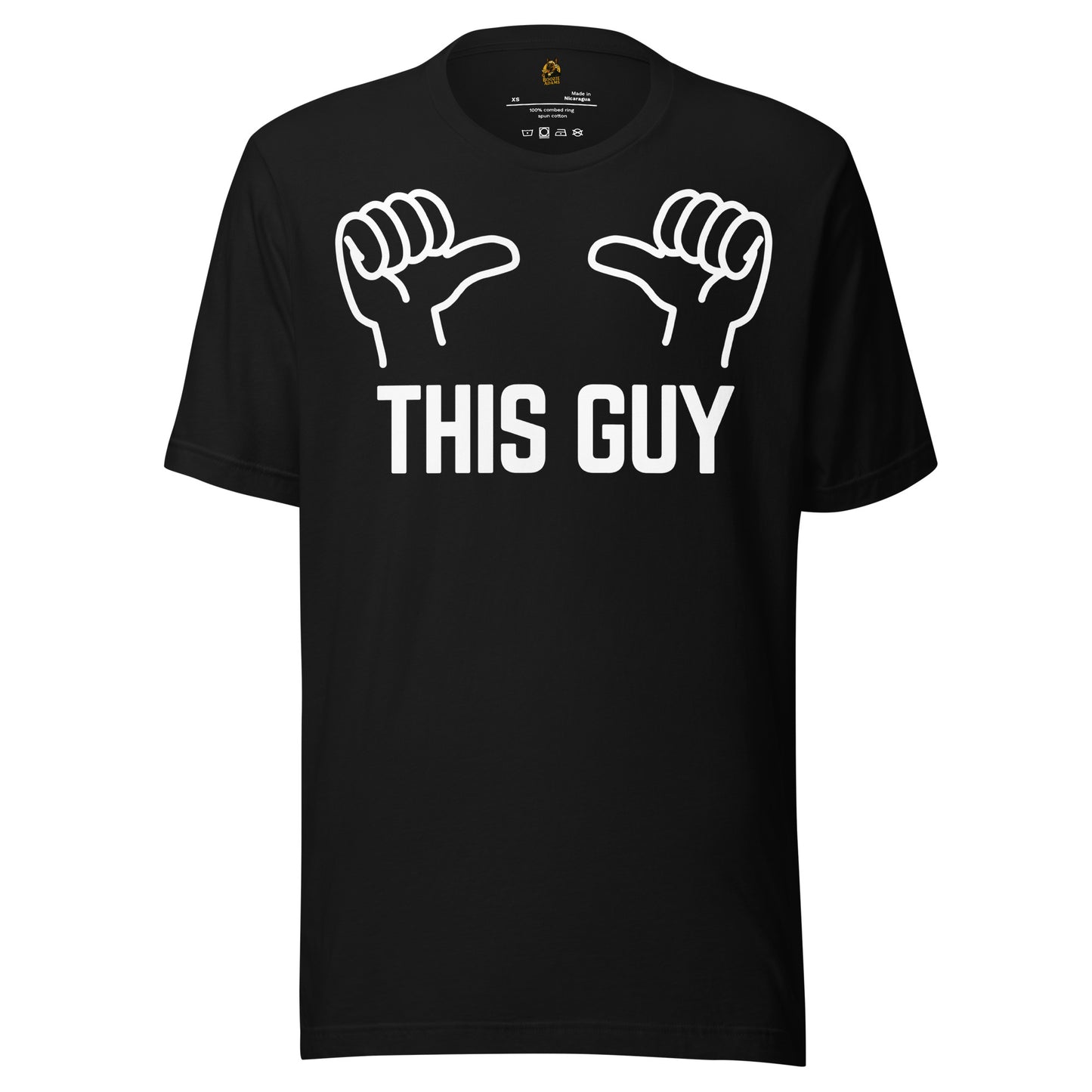 Black unisex t-shirt with white thumb graphic and text 'THIS GUY' – Boozie Adams
