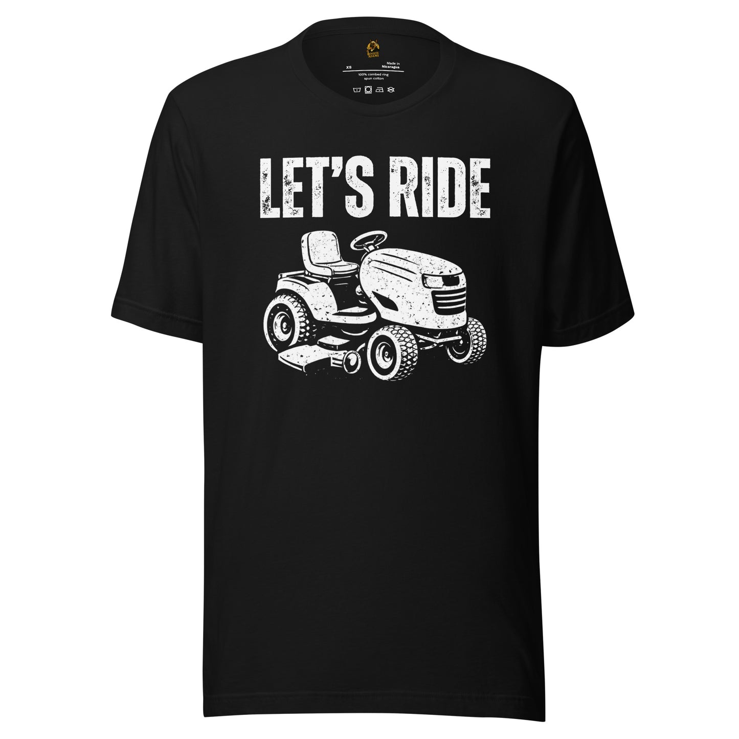 Black unisex t-shirt with white graphic of a riding lawn mower and 'Let's Ride' text – Boozie Adams