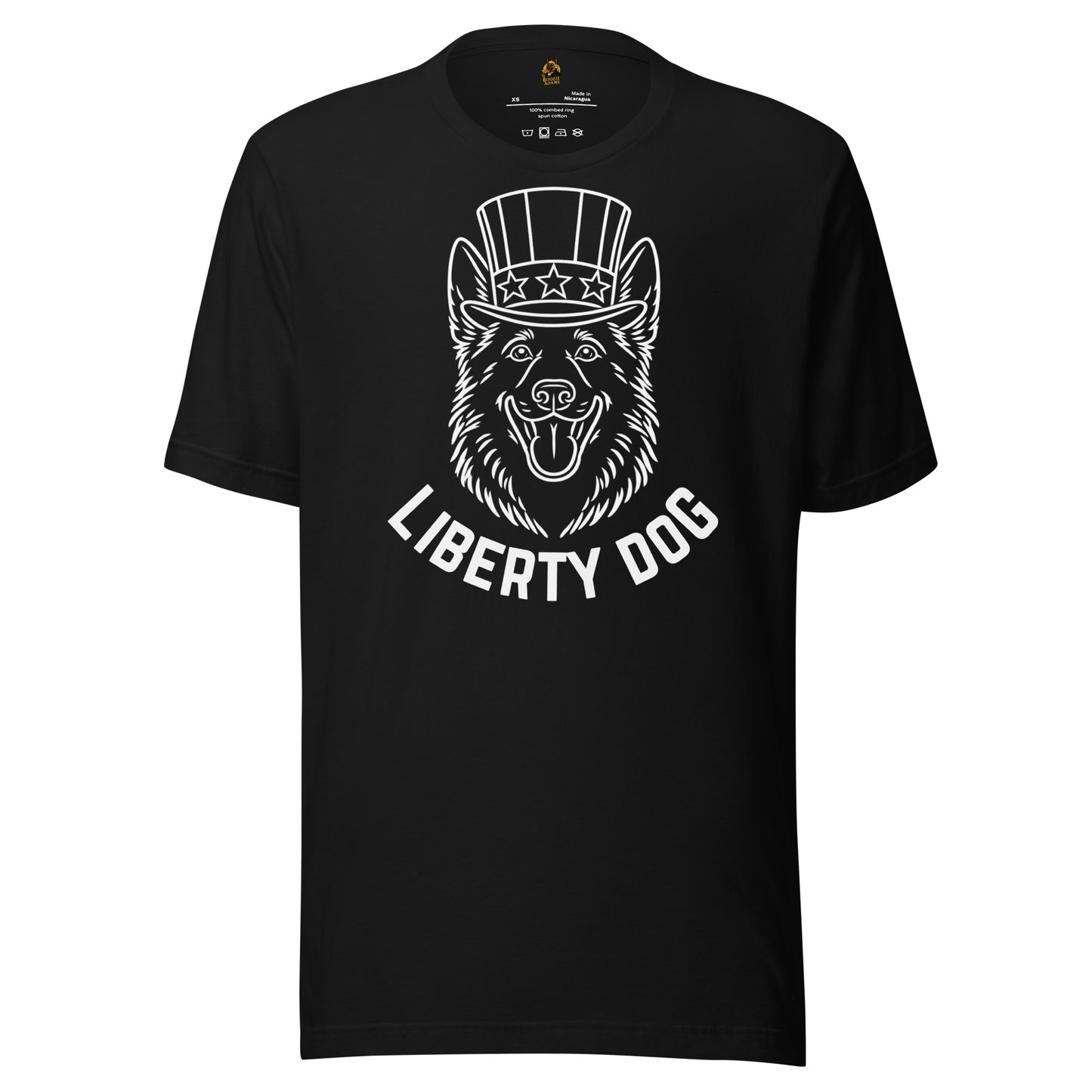 Black unisex t-shirt with a graphic of a dog wearing uncle sam top hat and the text 'Liberty Dog' – Boozie Adams