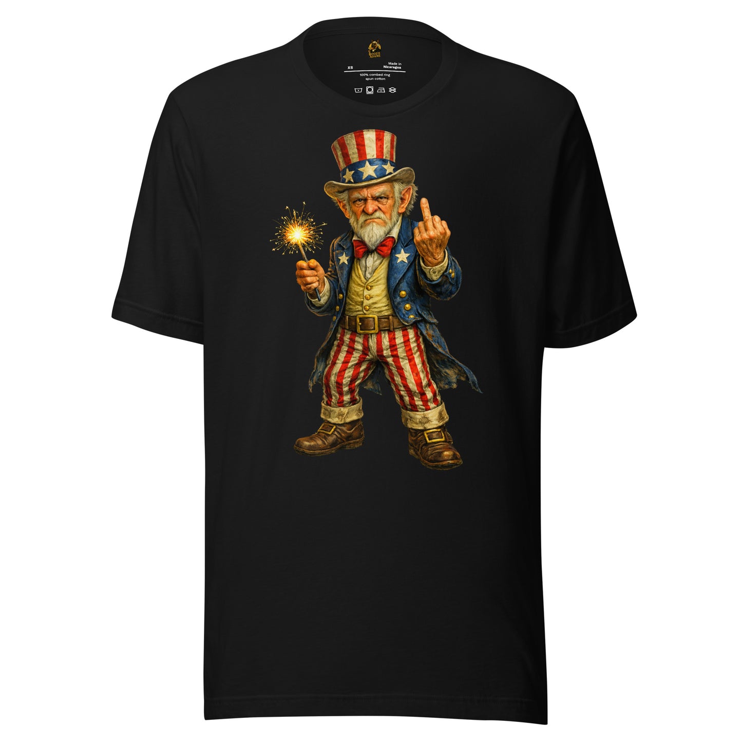 Black unisex t-shirt with Uncle Sam graphic holding a sparkler  and flipping the bird – Boozie Adams