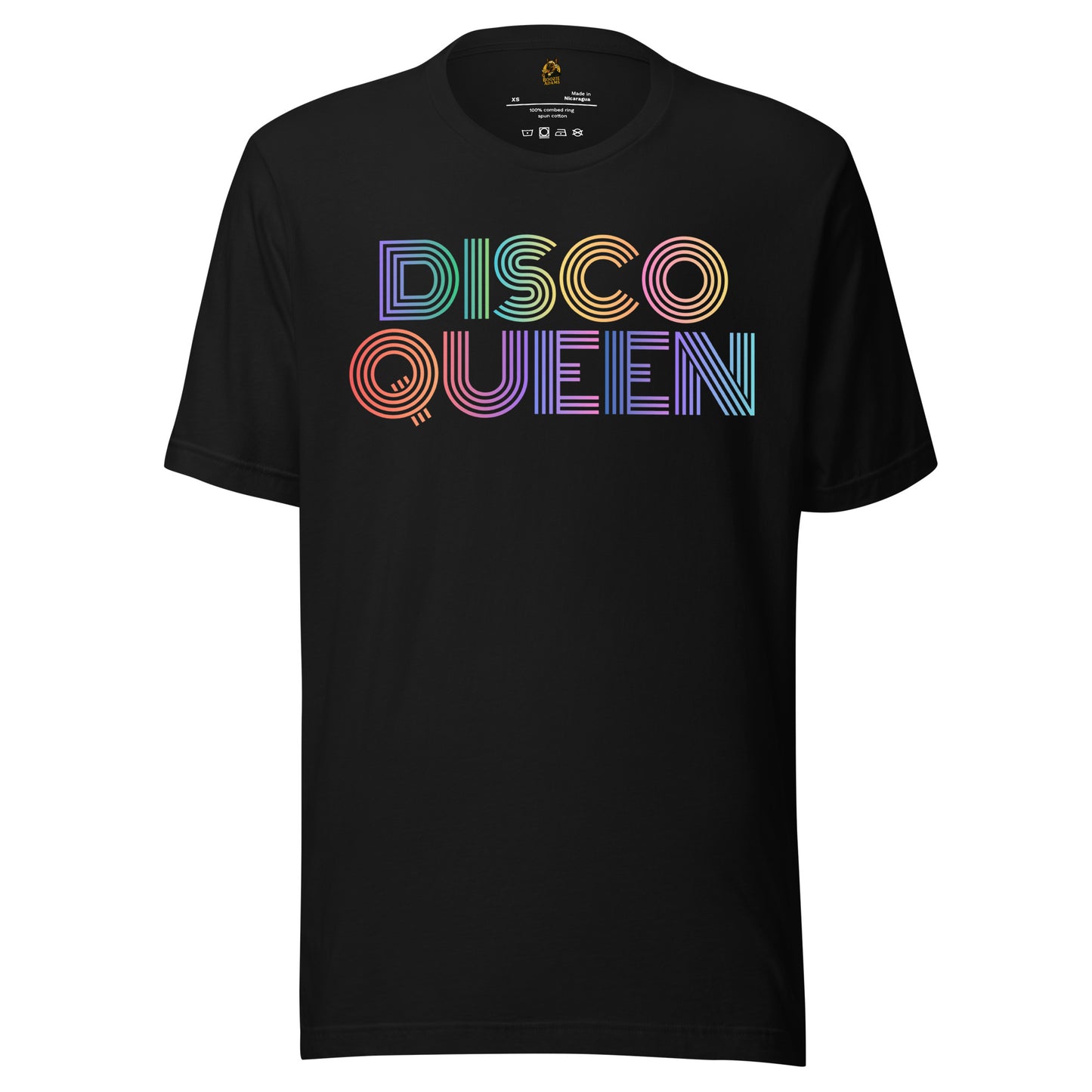 Black unisex t-shirt with 'DISCO QUEEN' in colorful letters – Boozie Adams