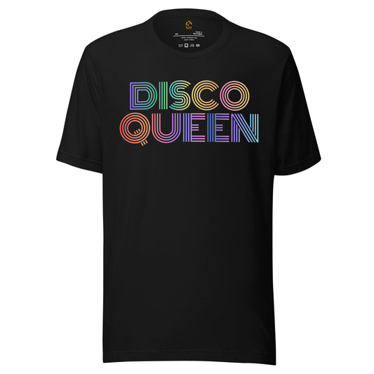 Black unisex t-shirt with 'DISCO QUEEN' in colorful letters – Boozie Adams