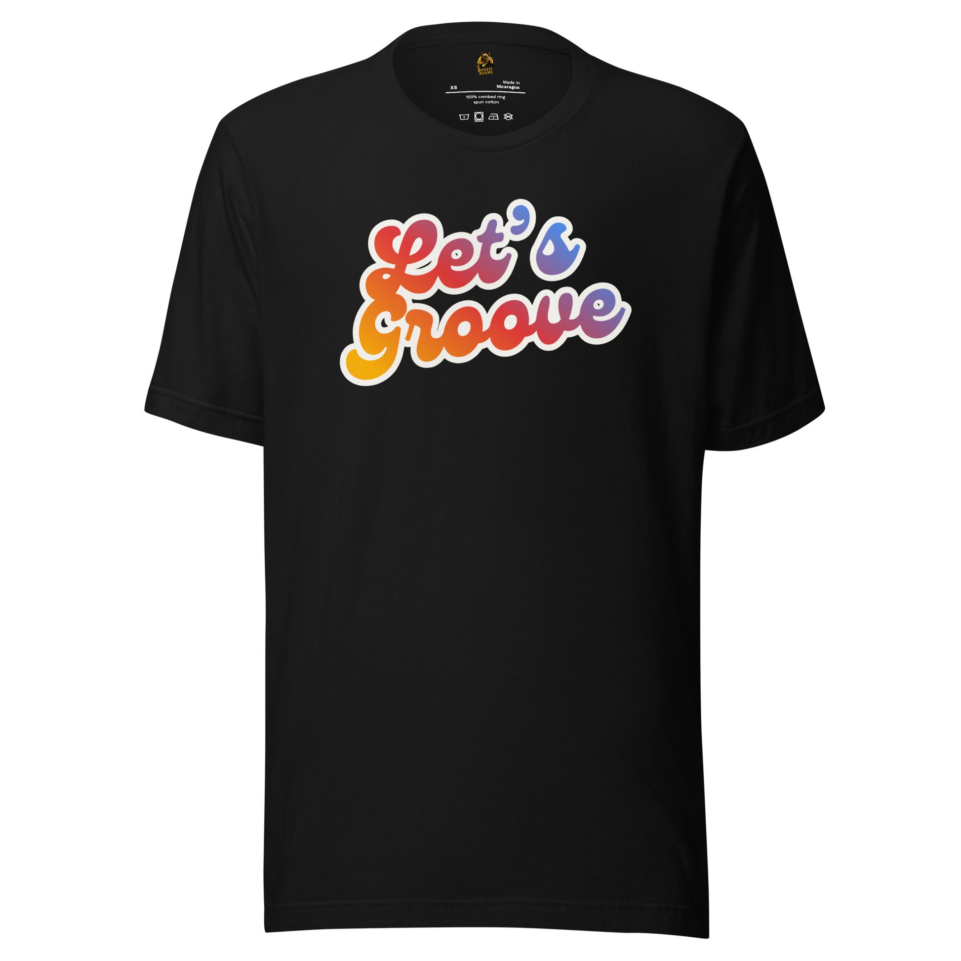 Black unisex t-shirt with 'Let's Groove' text in colorful letters – Boozie Adams