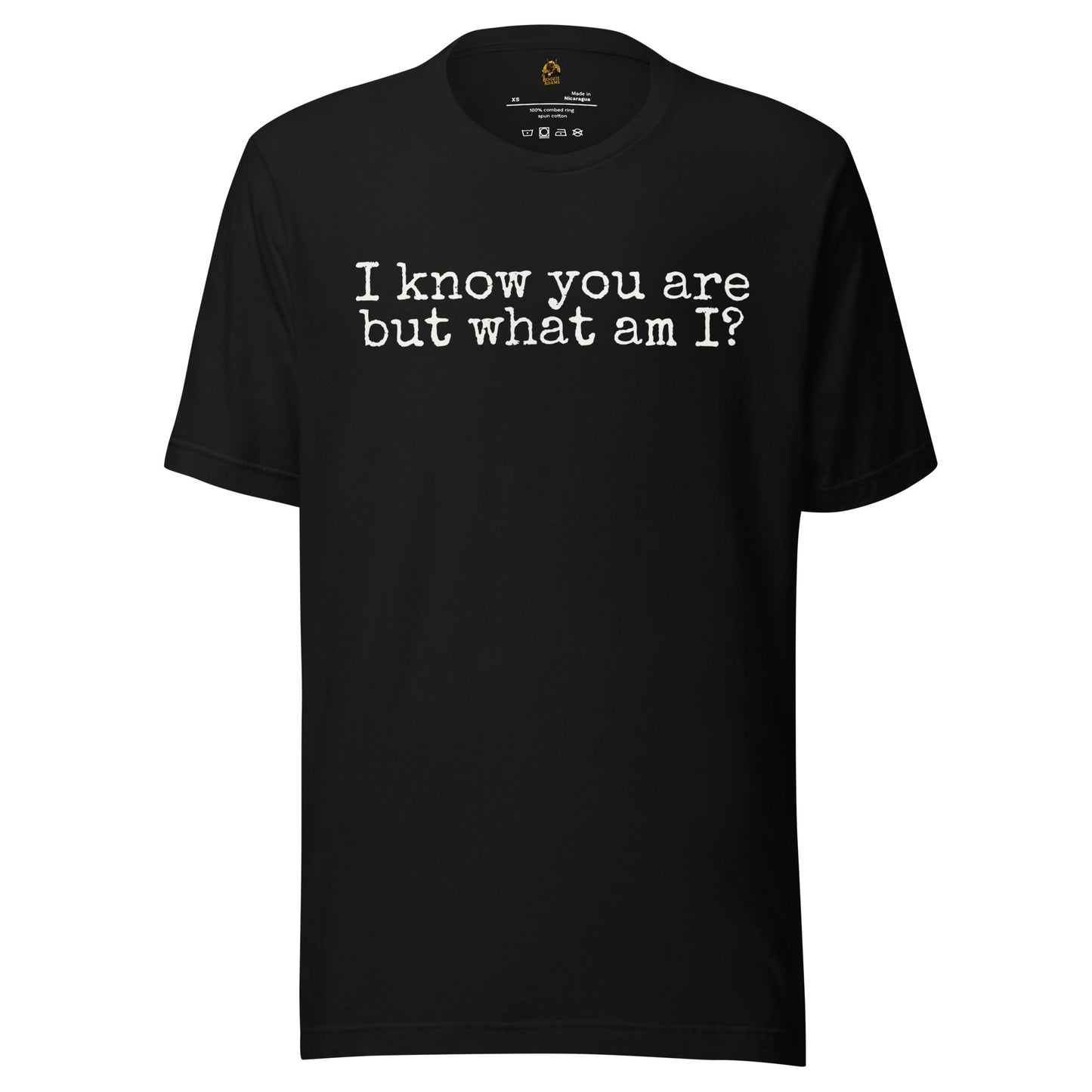 Black unisex t-shirt with 'I know you are but what am I' text – Boozie Adams
