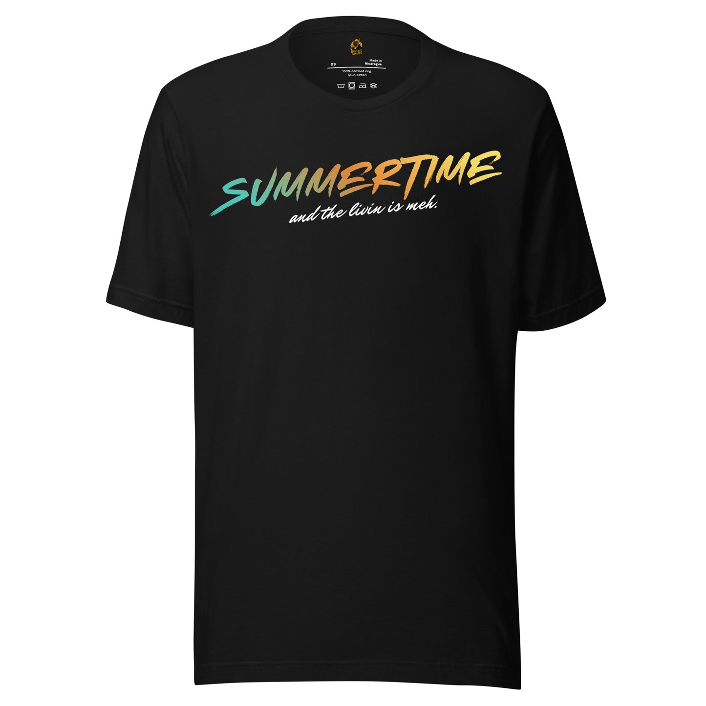 Black unisex t-shirt with colorful 'Summertime and the livin is meh.' text – Boozie Adams