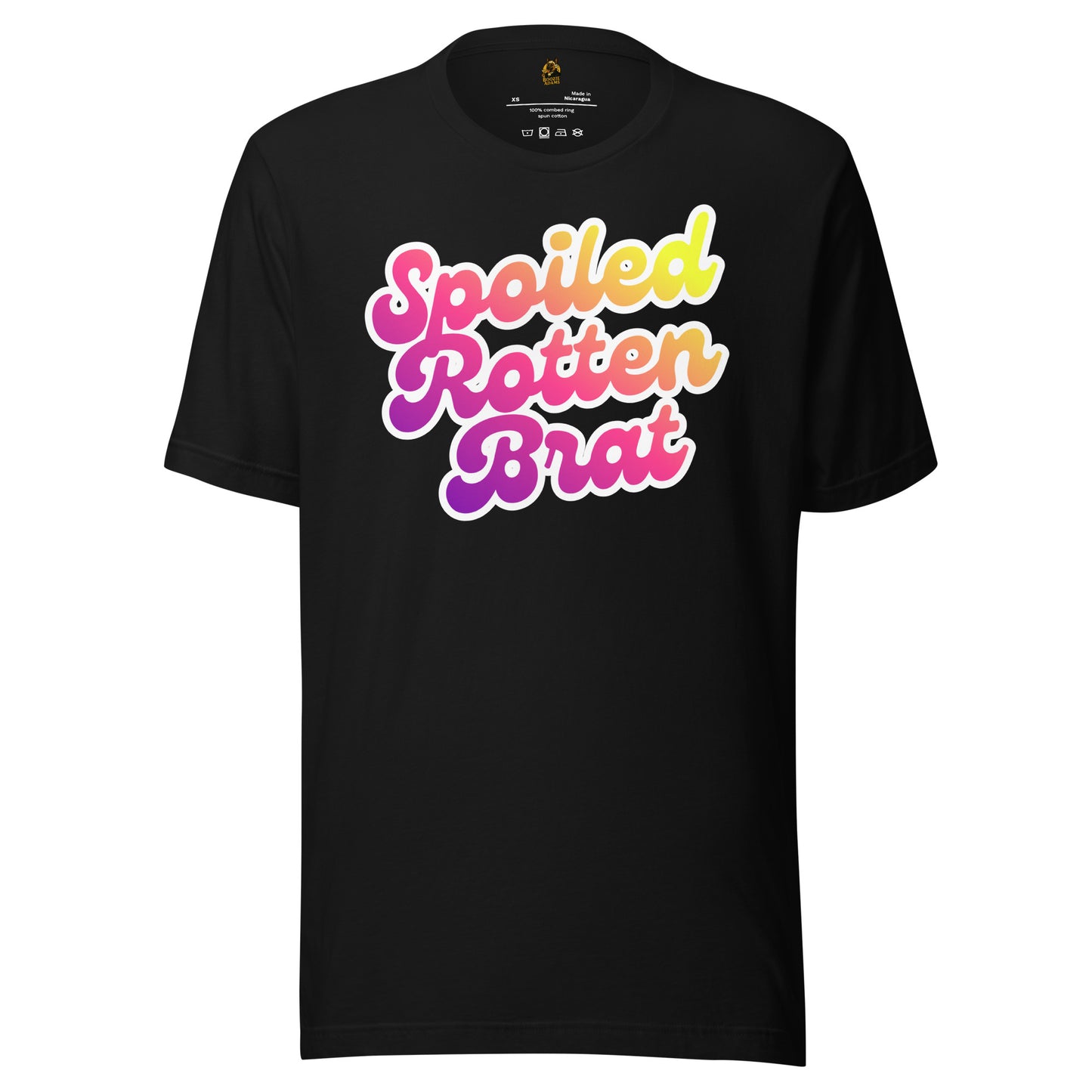 Black unisex t-shirt with colorful 'Spoiled Rotten Brat' text – Boozie Adams