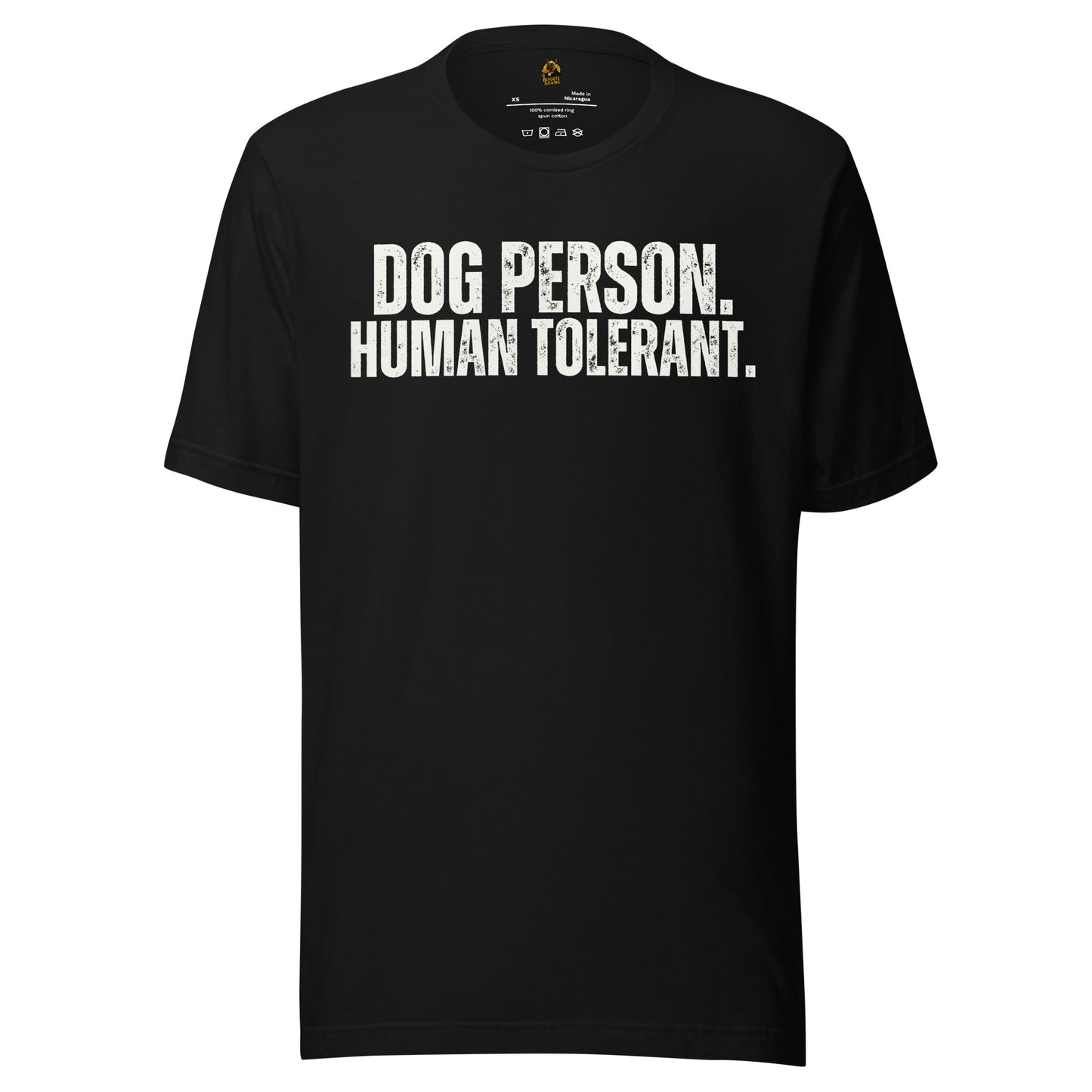 Black unisex t-shirt with 'Dog Person. Human Tolerant.' text – Boozie Adams