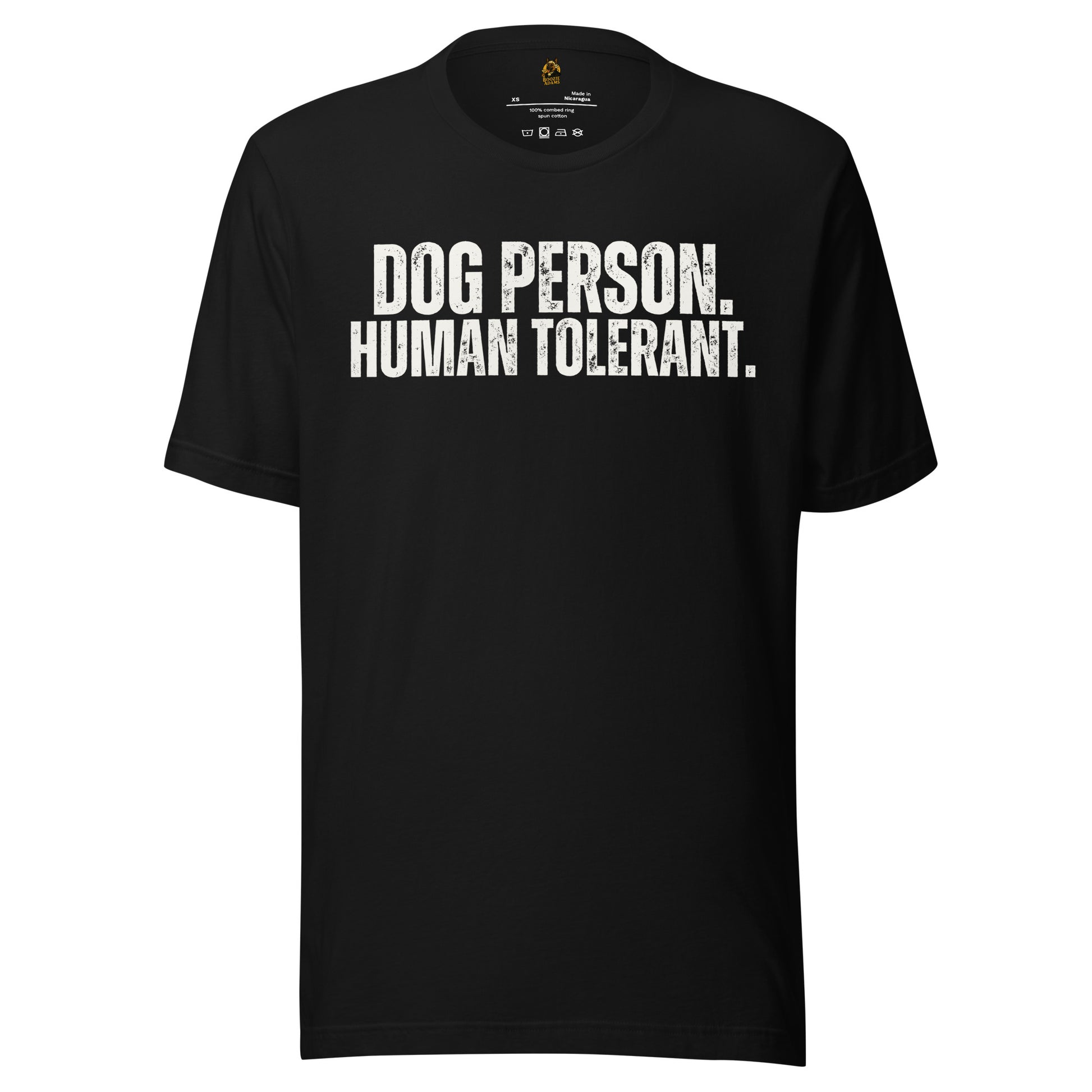 Black unisex t-shirt with 'Dog Person. Human Tolerant.' text – Boozie Adams