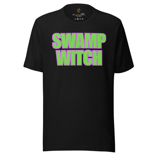 Black unisex t-shirt with green and purple text 'SWAMP WITCH' – Boozie Adams