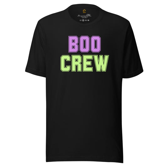 Black unisex t-shirt with purple and green text 'BOO CREW' – Boozie Adams