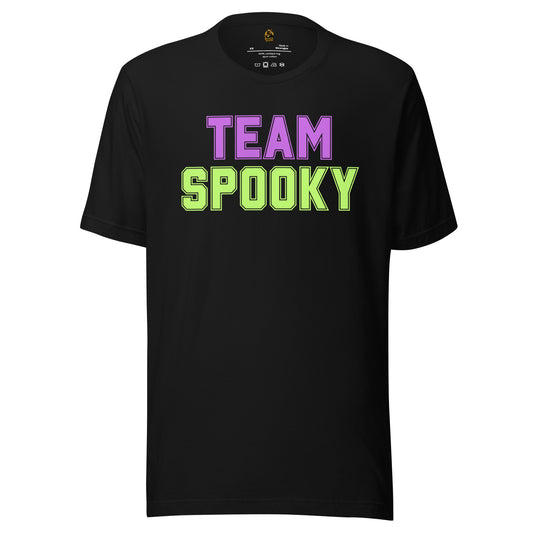 Black unisex t-shirt with 'TEAM SPOOKY' text in lavender and green – Boozie Adams