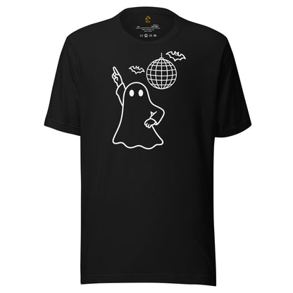 Black unisex t-shirt with image of disco ghost, bats and disco ball – Boozie Adams