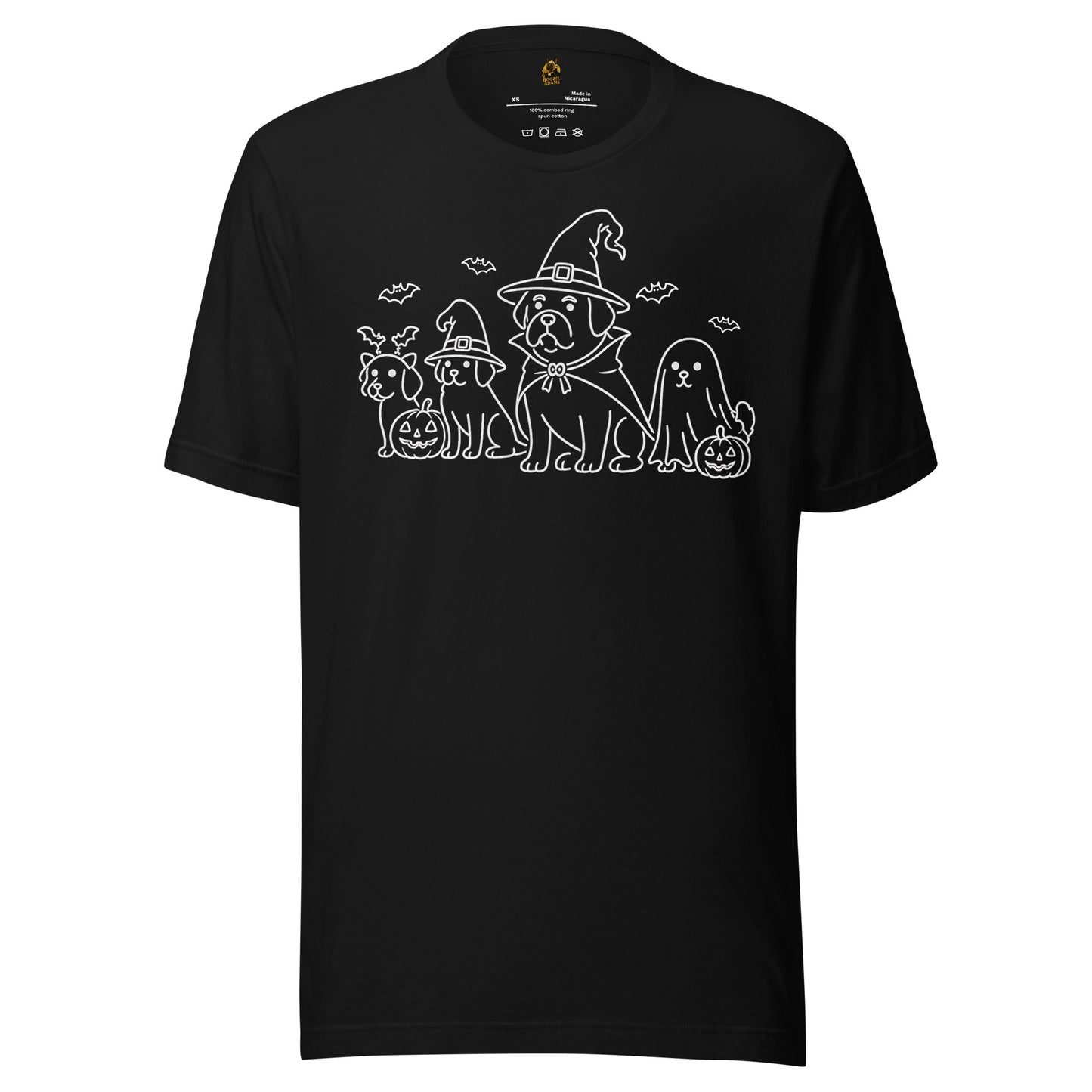 Black unisex t-shirt with graphic of dogs dressed for halloween – Boozie Adams