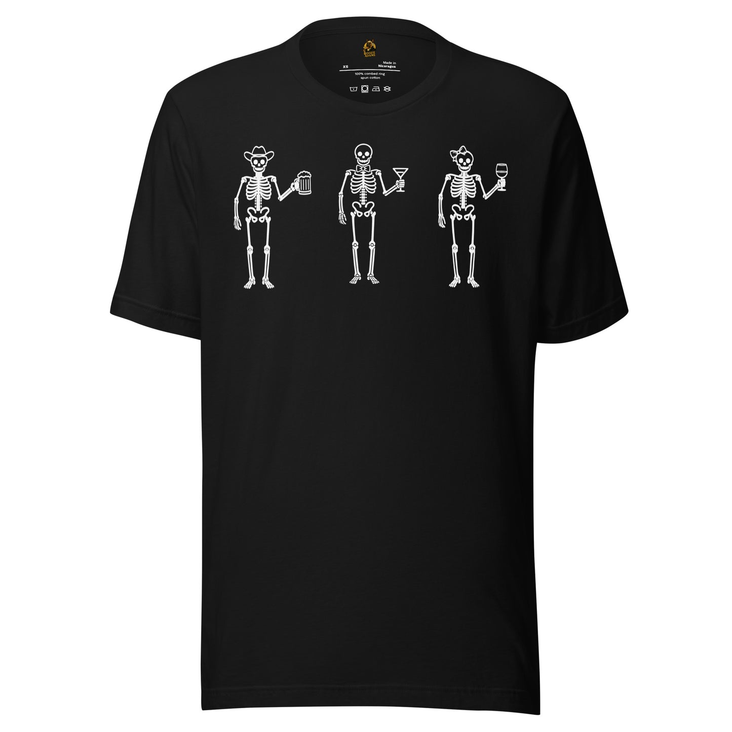 Black unisex t-shirt with graphic of three skeletons each holding a wine, beer, and martini glass – Boozie Adams