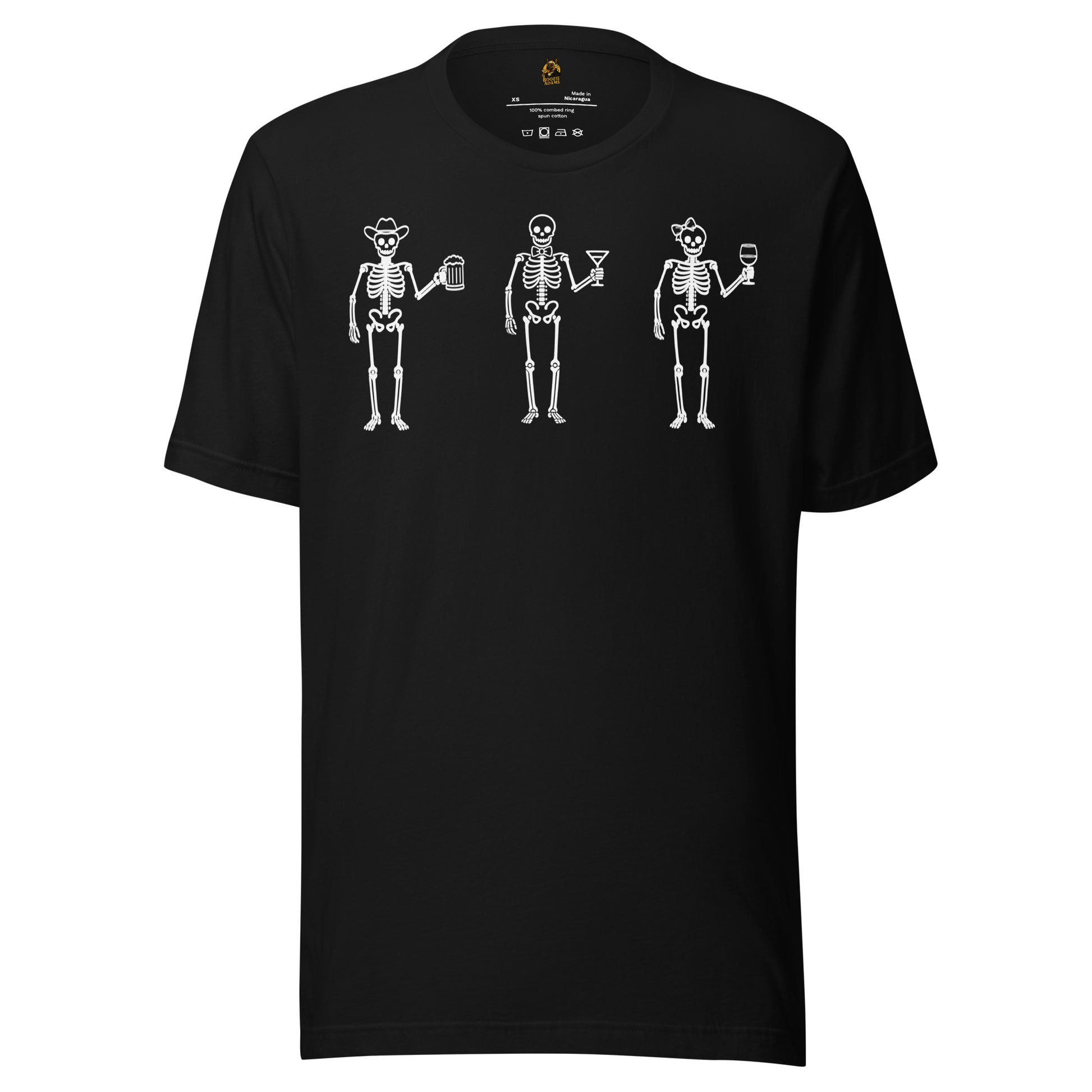 Black unisex t-shirt with graphic of three skeletons each holding a wine, beer, and martini glass – Boozie Adams