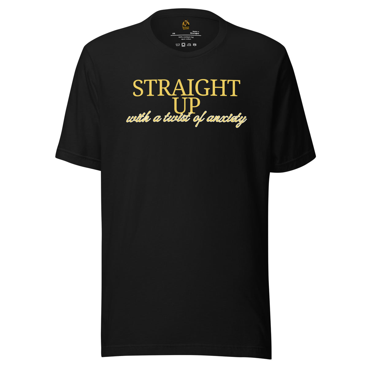 Black unisex t-shirt with 'Straight up with a twist of anxiety' text – Boozie Adams
