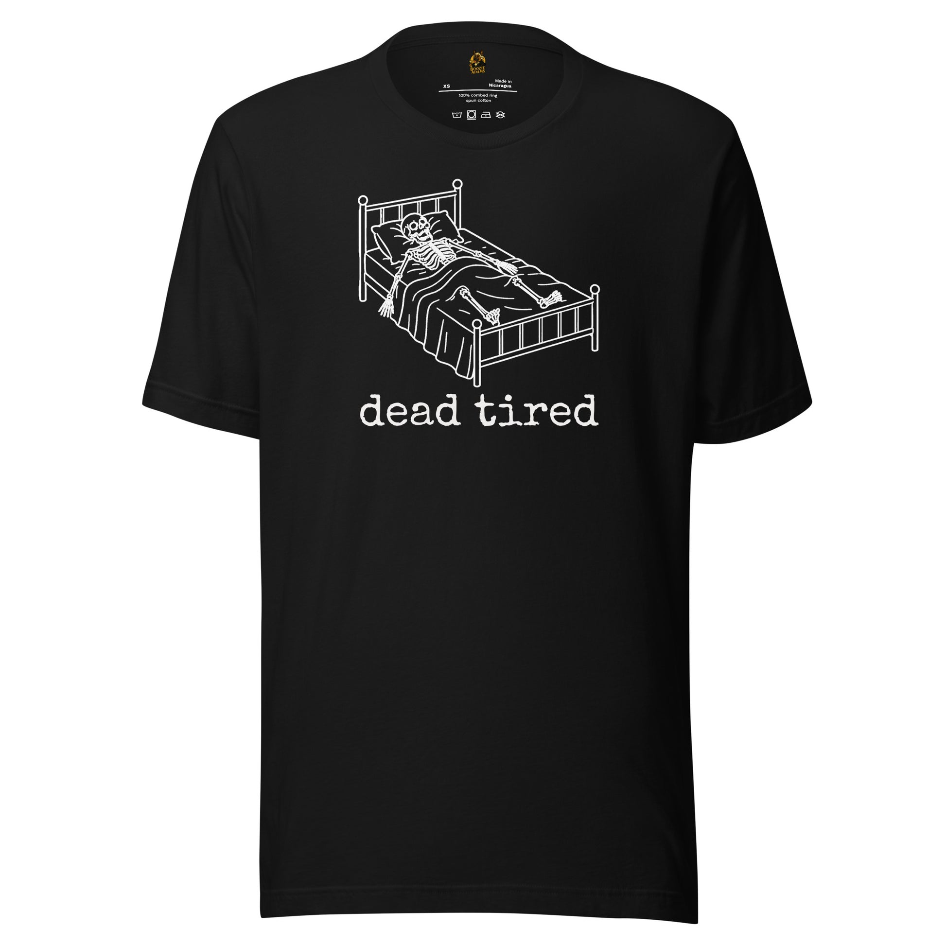 Black unisex t-shirt with graphic of skeleton in bed and text 'dead tired' – Boozie Adams