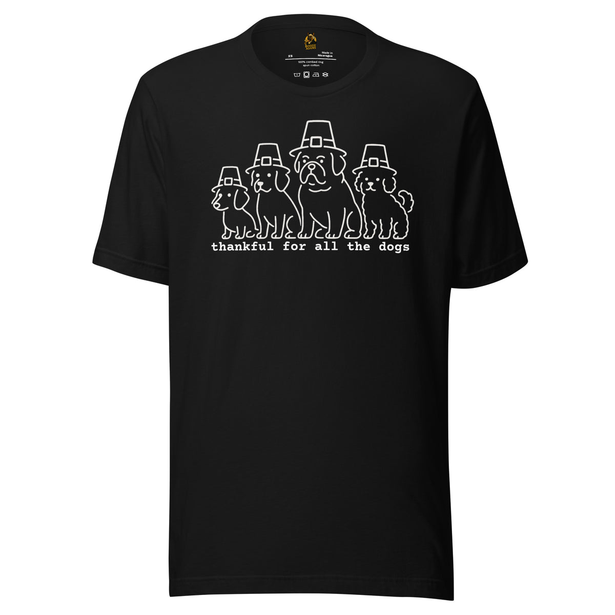 Black unisex graphic t-shirt with graphic of dogs in pilgrim hats and text 'thankful for all the dogs' – Boozie Adams