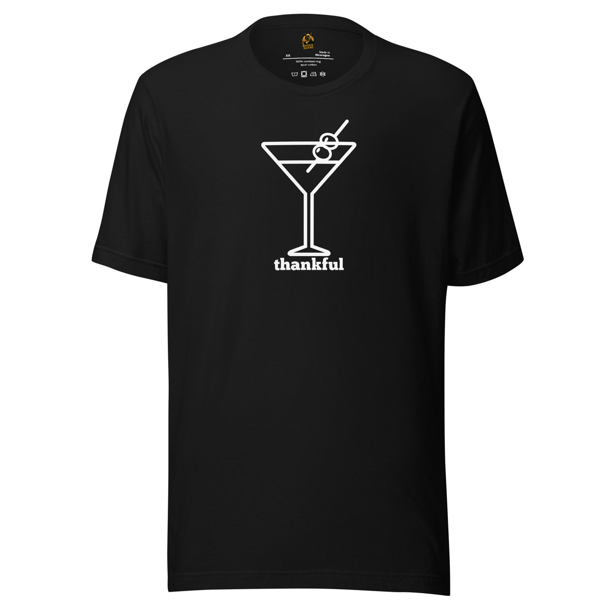Black unisex t-shirt with a cocktail graphic and 'thankful' text in white – Boozie Adams