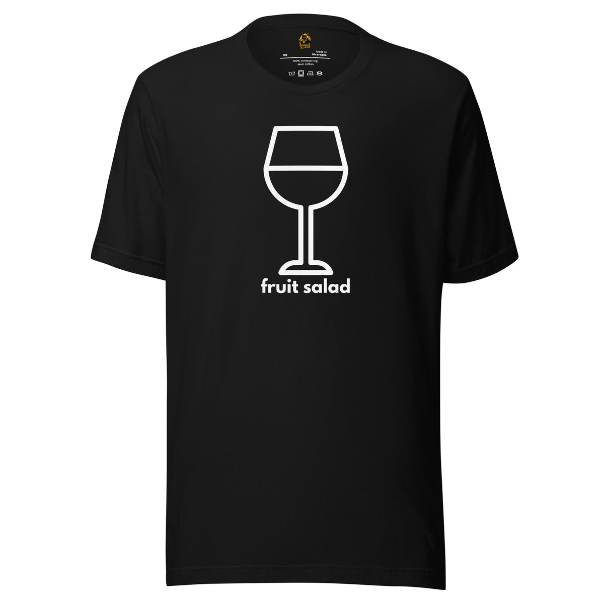 Black unisex t-shirt with a white wine glass graphic and 'fruit salad' text – Boozie Adams