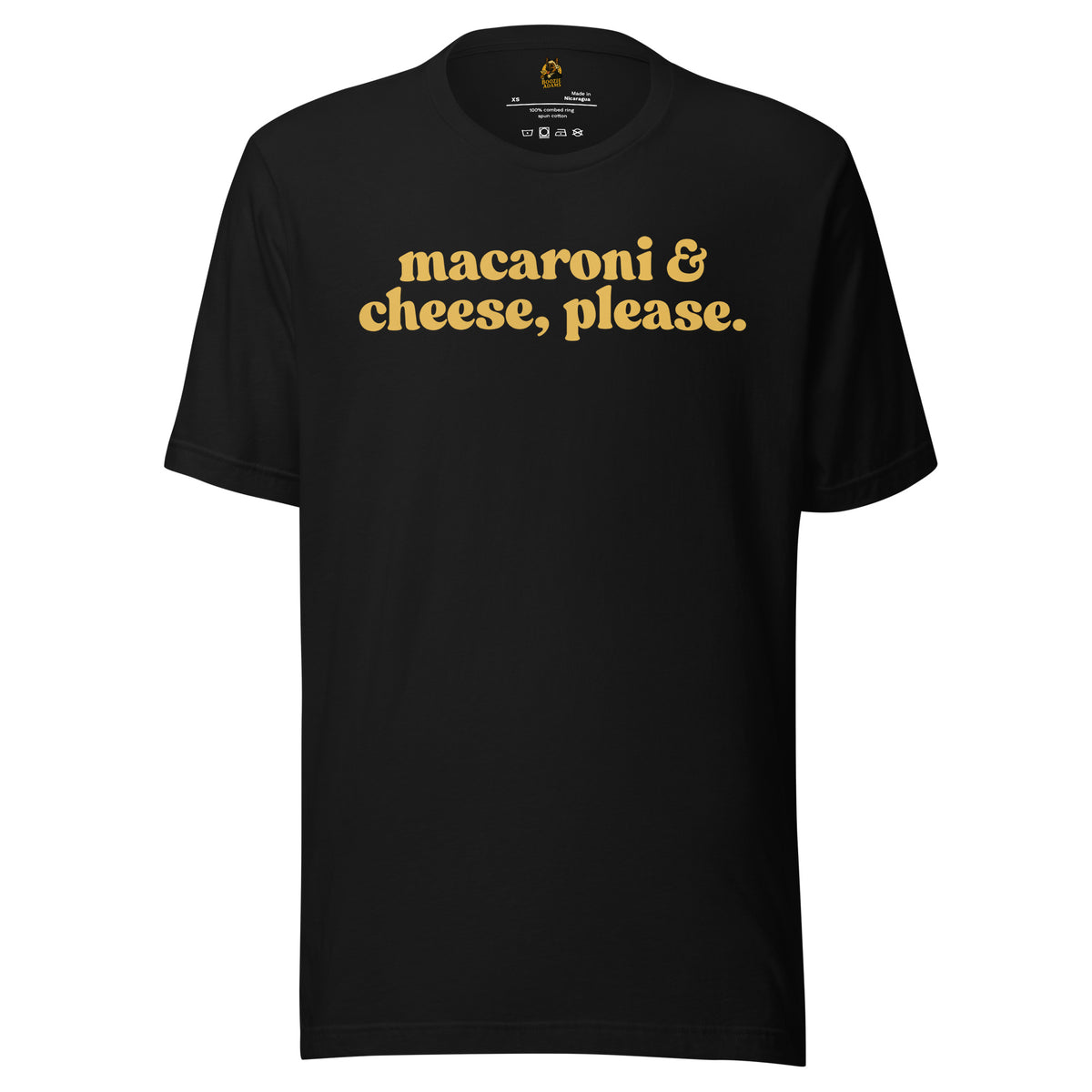 Black unisex t-shirt with 'macaroni & cheese, please.' text in yellow – Boozie Adams