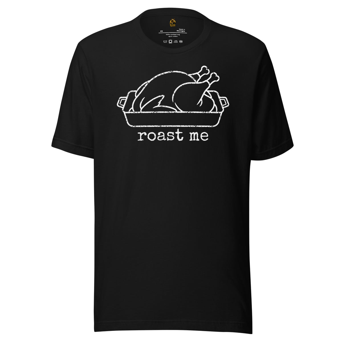 Black t-shirt with graphic of turkey in roasting pan and 'roast me' text – Boozie Adams