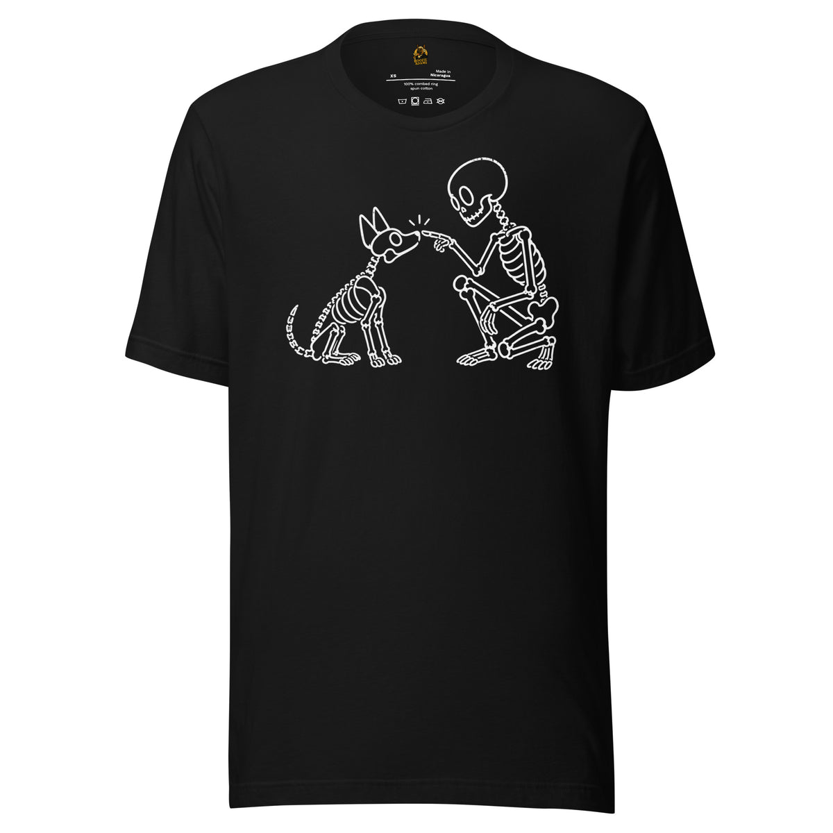 Black unisex t-shirt with graphic of skeleton booping a skeleton dog's nose – Boozie Adams