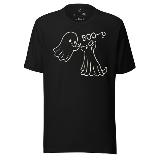 Black unisex t-shirt with graphic of ghost booping ghost dog's nose and 'BOO-p' text – Boozie Adams