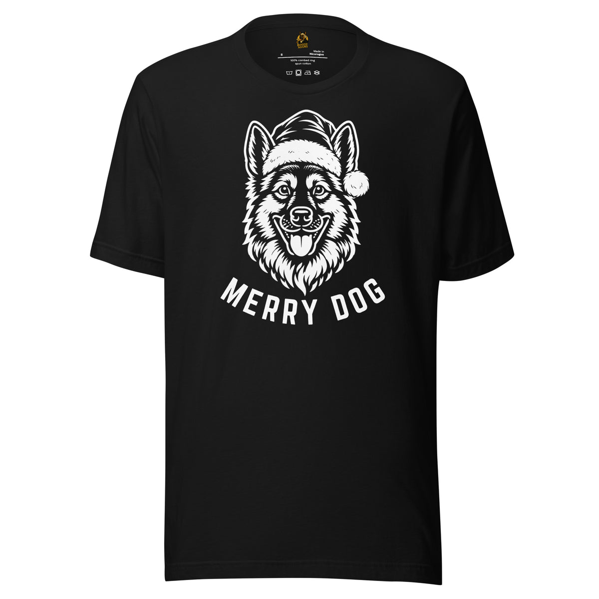 Black unisex t-shirt with image of dog wearing santa hat and text 'Merry dog' – Boozie Adams