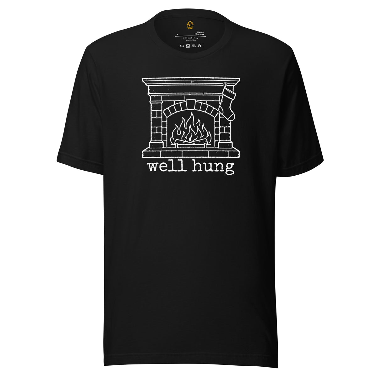 Black unisex t-shirt with graphic of stocking hanging from fire place and 'well hung' text – Boozie Adams