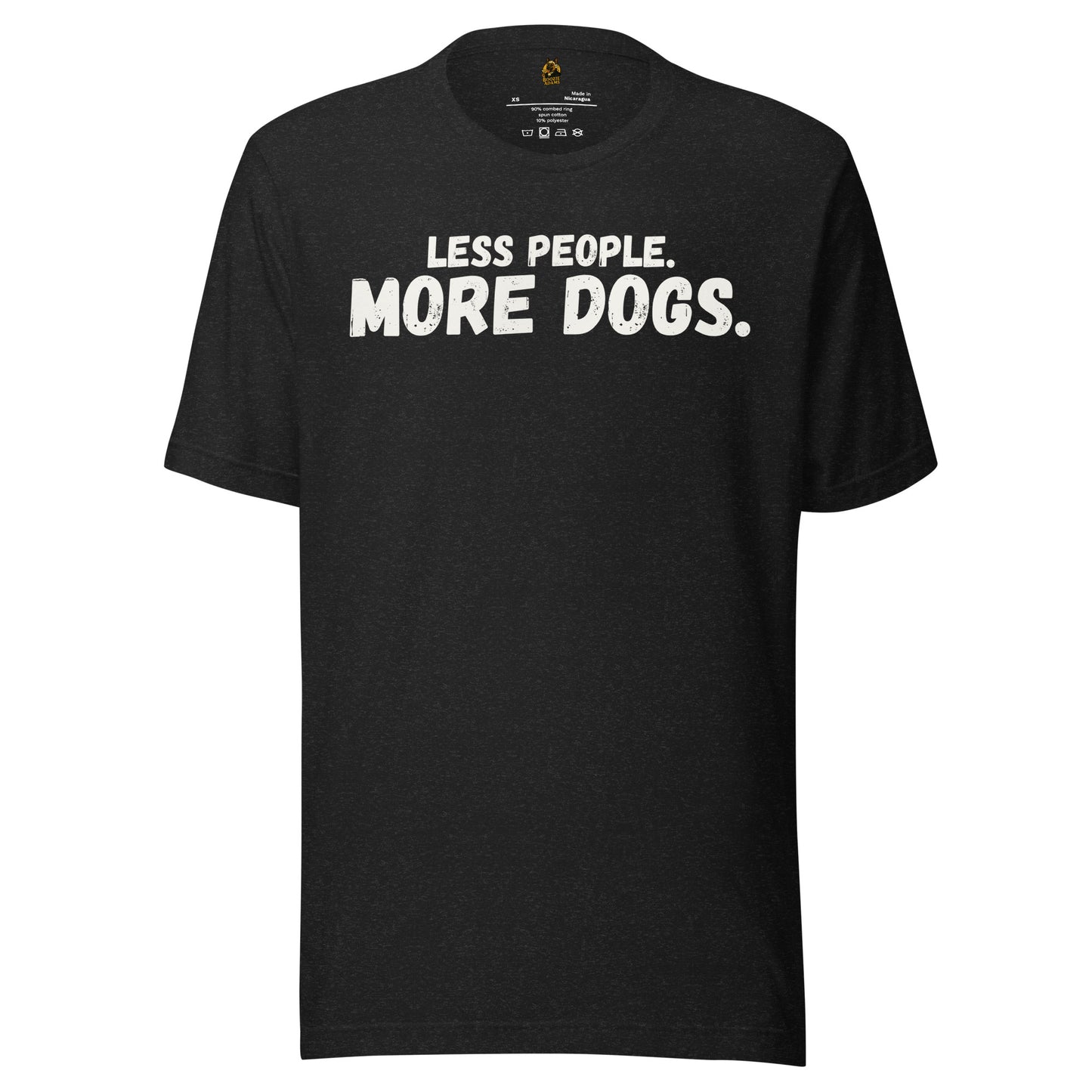 Black unisex t-shirt with text 'LESS PEOPLE. MORE DOGS.' – Boozie Adams