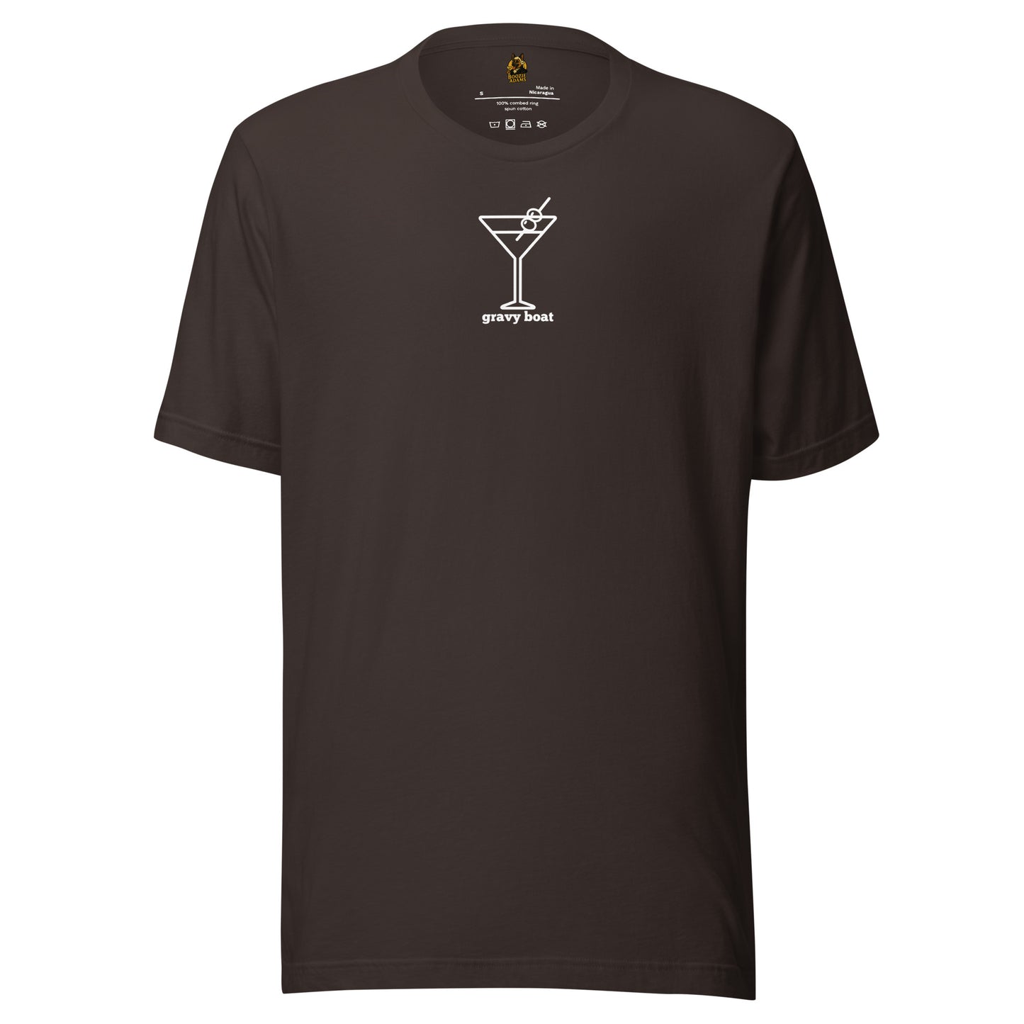 Brown unisex t-shirt with white martini graphic and 'gravy boat' font – Boozie Adams