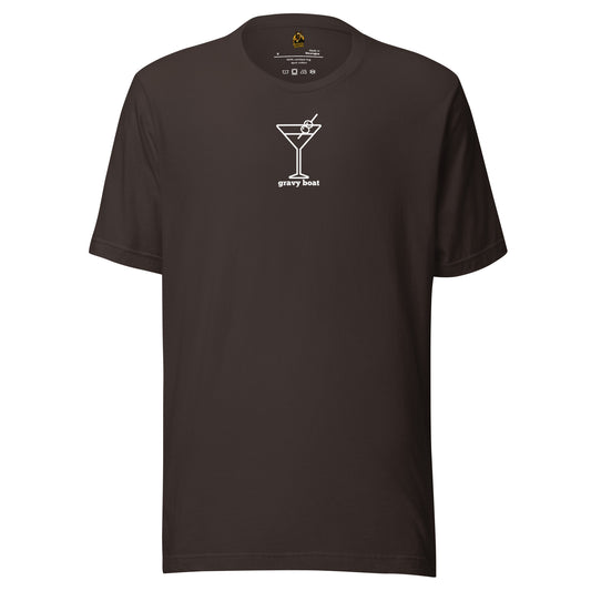 Brown unisex t-shirt with white martini graphic and 'gravy boat' font – Boozie Adams