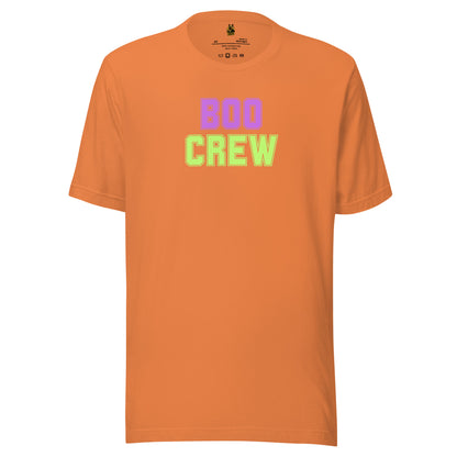 Orange unisex t-shirt with 'BOO CREW' text in lavender and green – Boozie Adams