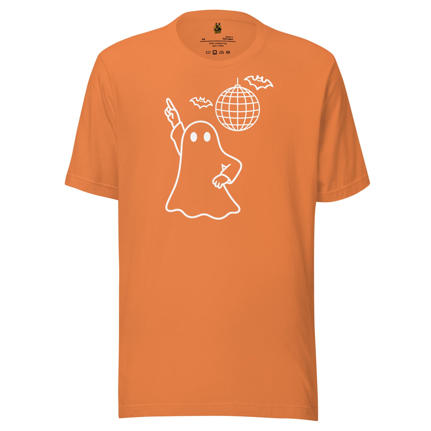Orange unisex t-shirt with image of disco ghost, bats and disco ball – Boozie Adams