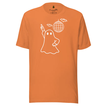 Orange unisex t-shirt with image of disco ghost, bats and disco ball – Boozie Adams