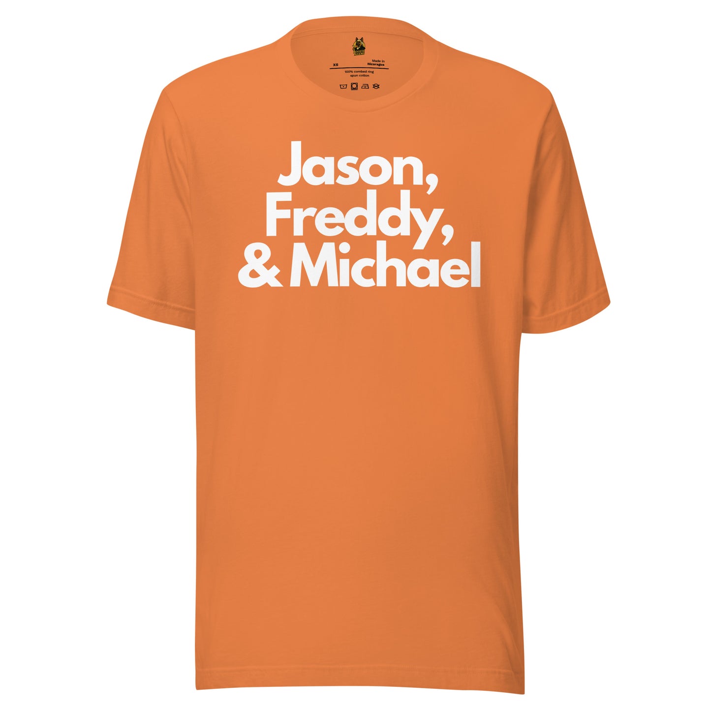 Orange unisex t-shirt with white text 'Jason, Freddy, & Michael'  – Boozie Adams