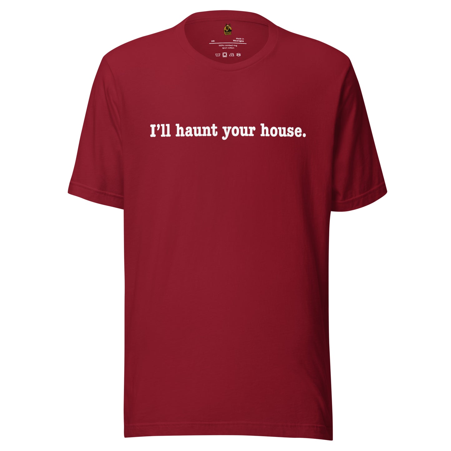 Red unisex t-shirt with white text 'I'll haunt your house.' – Boozie Adams