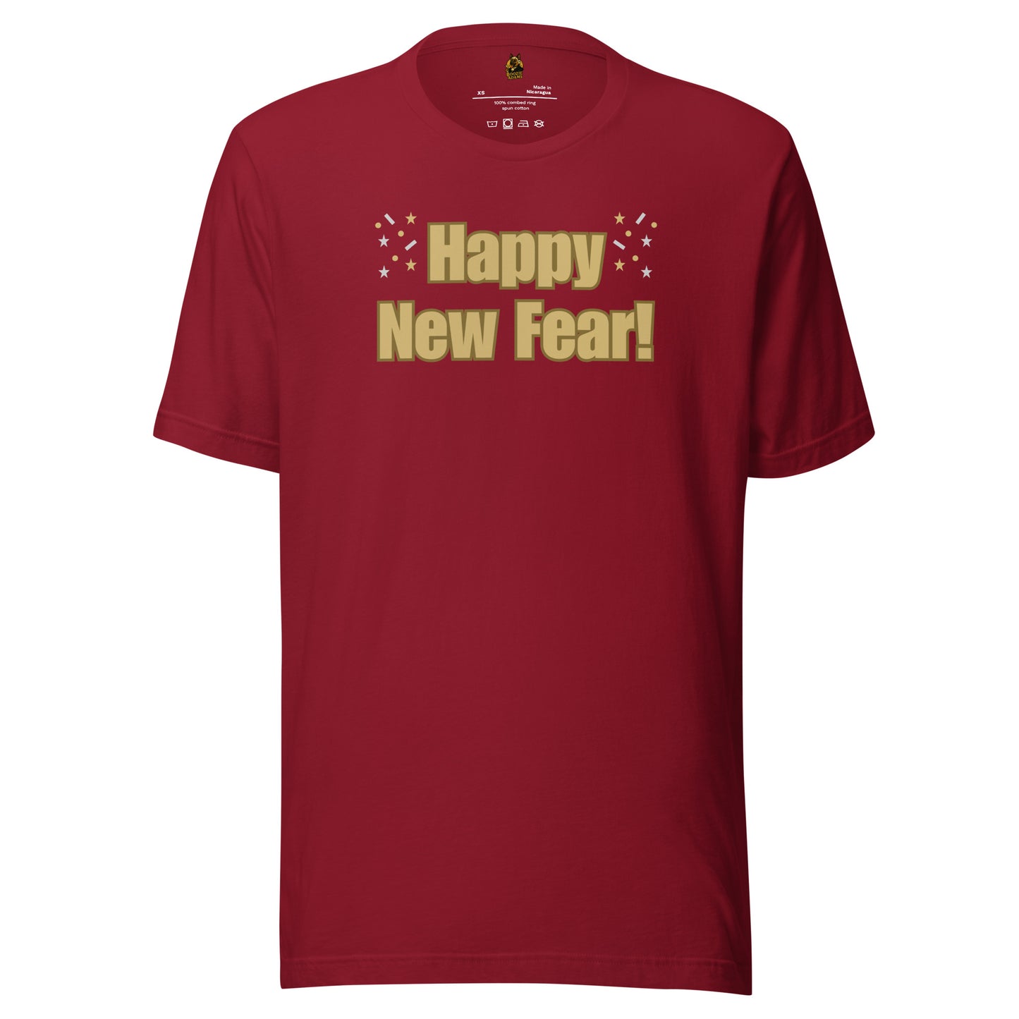 Cardinal red unisex t-shirt with 'Happy New Fear!' text in gold – Boozie Adams