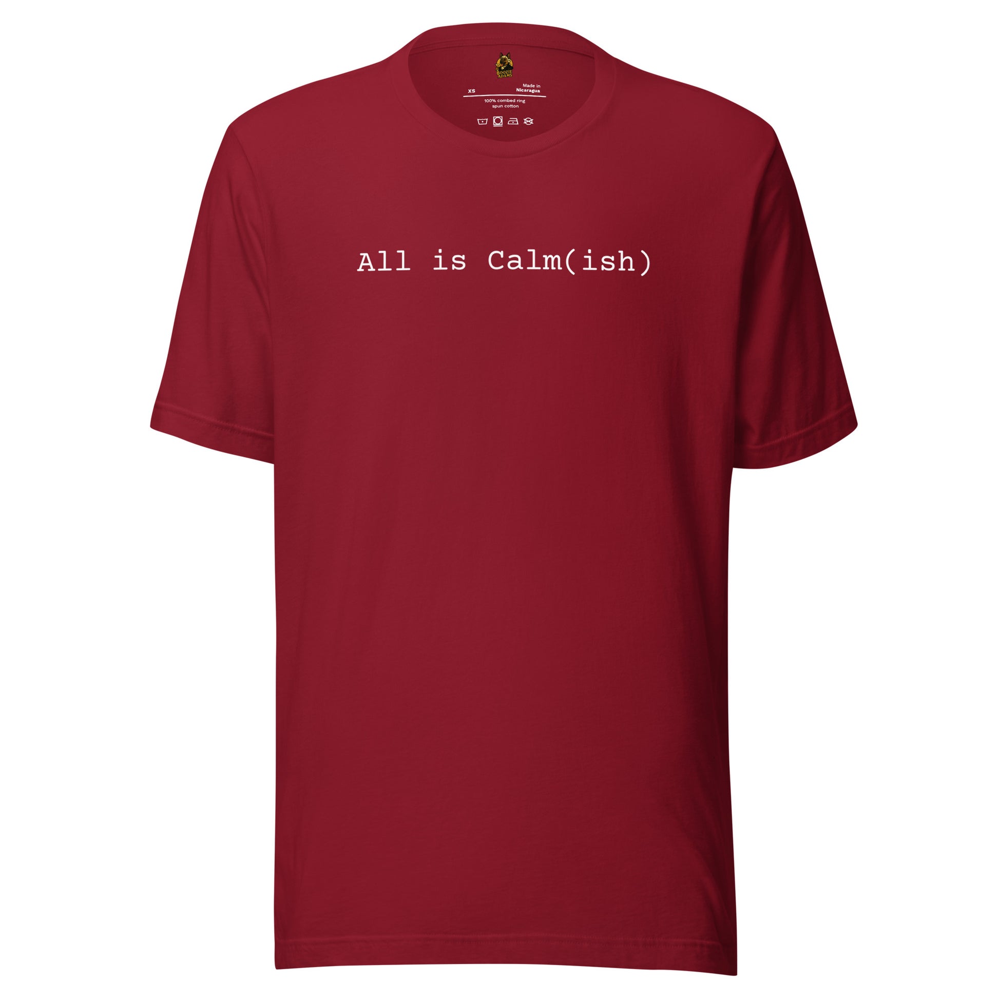 Cardinal red unisex t-shirt with 'All is Calm(ish)' text in white – Boozie Adams