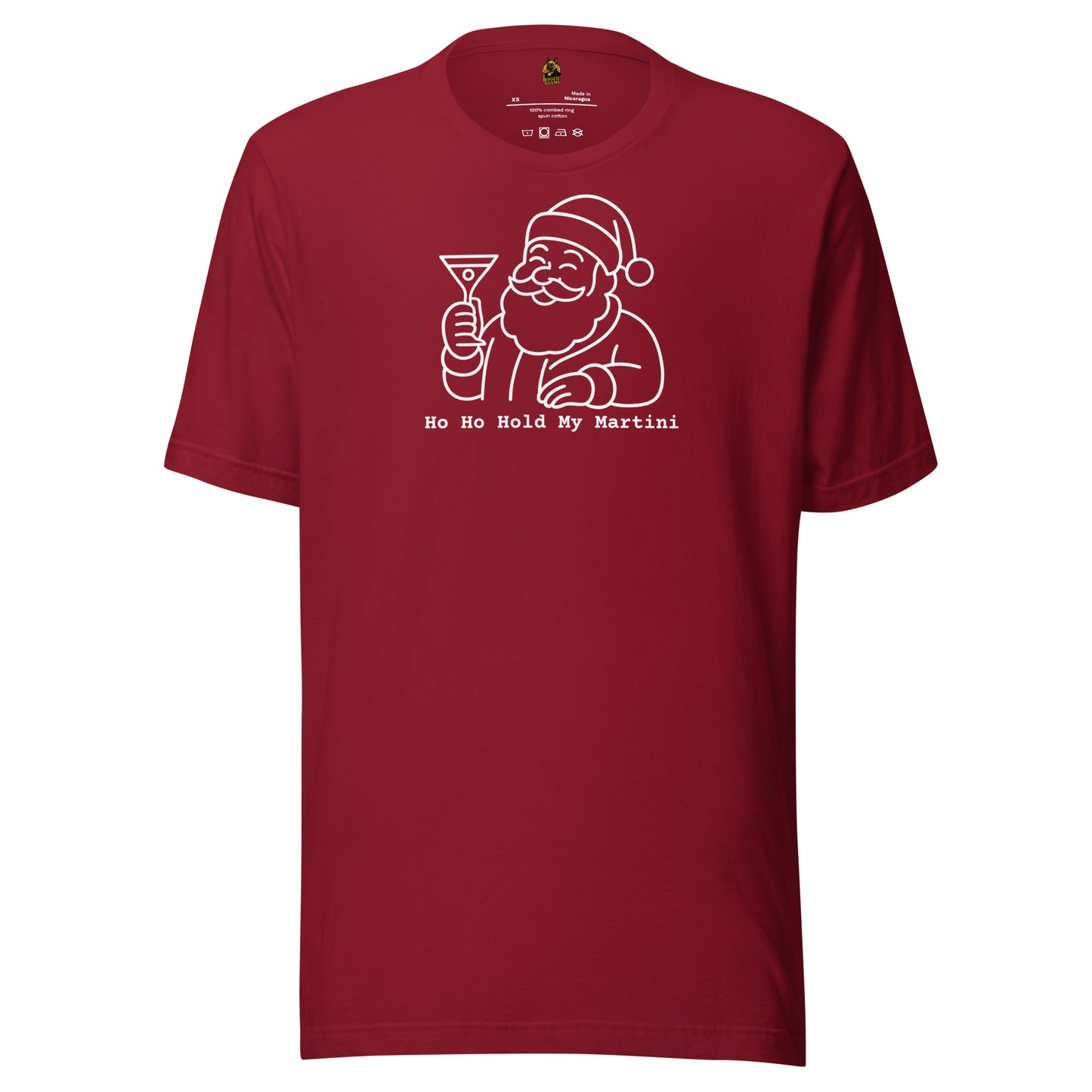 Crimson unisex t-shirt with a graphic of Santa Claus holding a martini glass and text 'Ho Ho Hold My Martini' in white – Boozie Adams