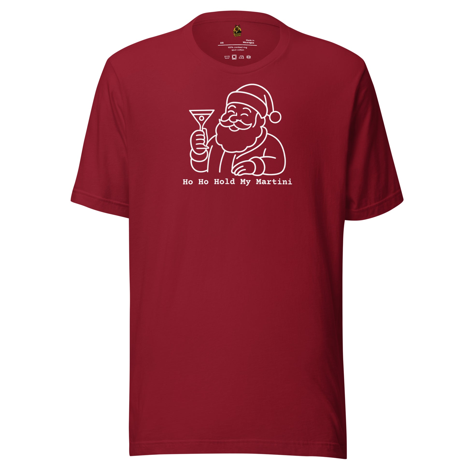 Crimson unisex t-shirt with a graphic of Santa Claus holding a martini glass and text 'Ho Ho Hold My Martini' in white – Boozie Adams