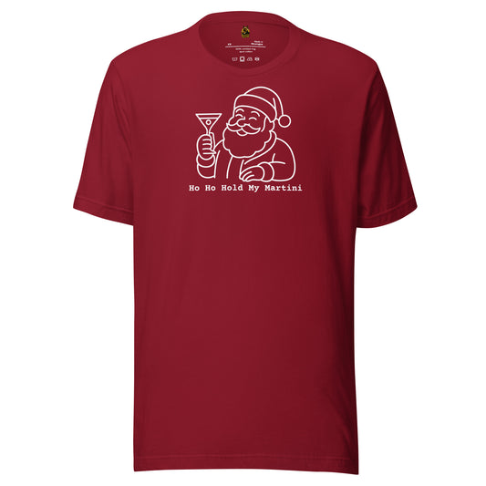 Crimson unisex t-shirt with a graphic of Santa Claus holding a martini glass and text 'Ho Ho Hold My Martini' in white – Boozie Adams