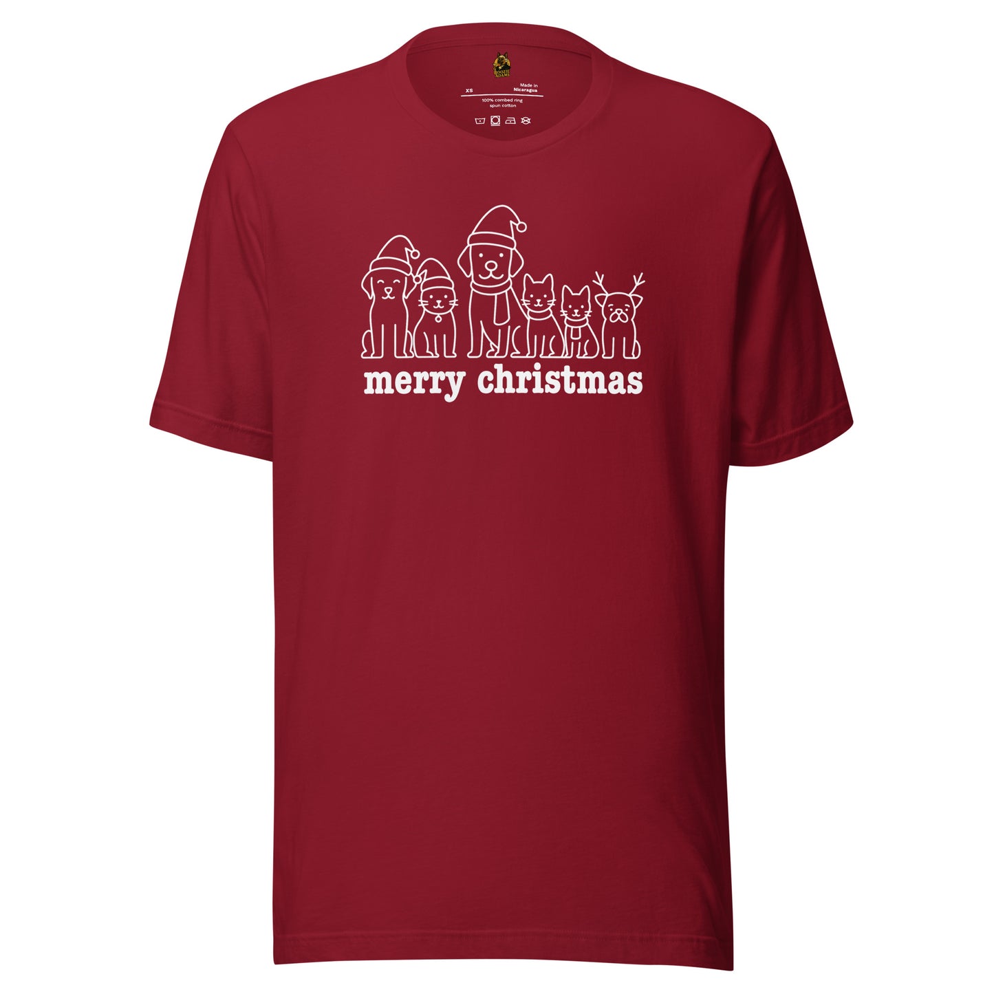 Crimson unisex t-shirt with cat & dog Christmas-themed design and 'merry christmas' text – Boozie Adams