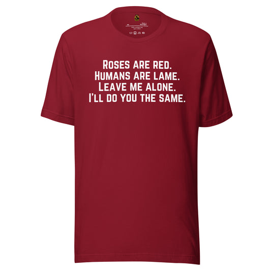 Cardinal red t-shirt with white roses are red text – Boozie Adams