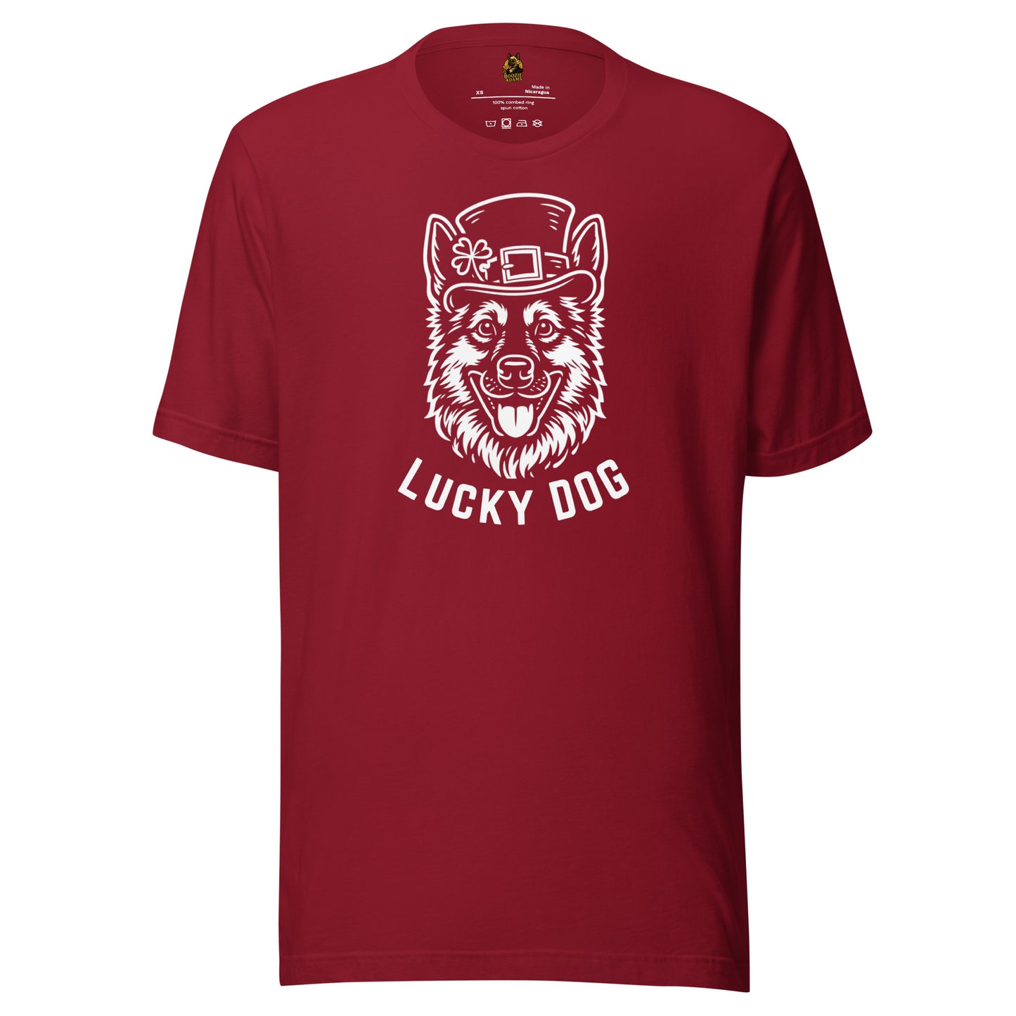 Black unisex t-shirt with a graphic of a dog wearing a leprechaun hat and the text 'Lucky Dog' – Boozie Adams